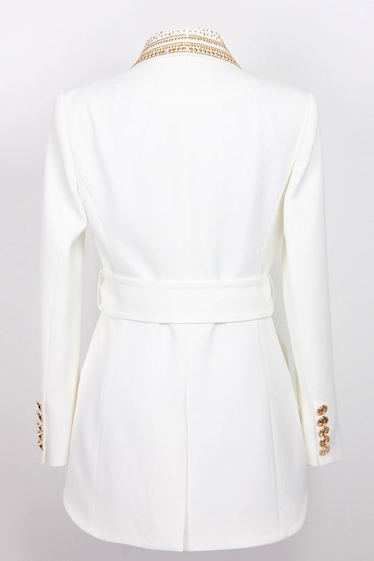 Kvinders Blazer Hvid Moderne Polyester Guldperle Dekoration-1