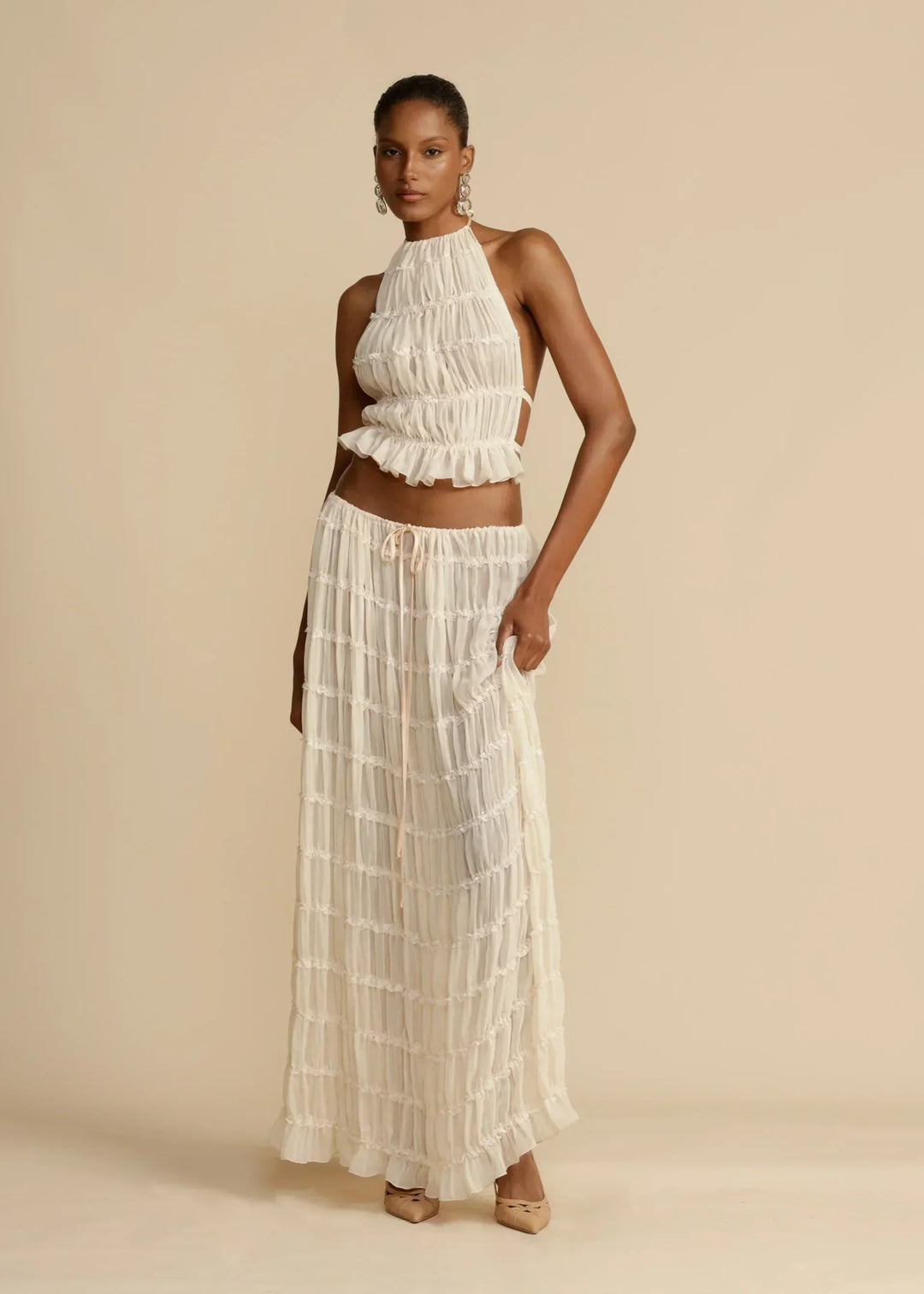 Variant image for Kvinders Sommer Sæt Hvid Halterneck Chiffon Elegant-1