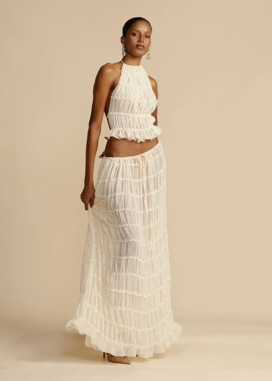 Kvinders Sommer Sæt Hvid Halterneck Chiffon Elegant-2