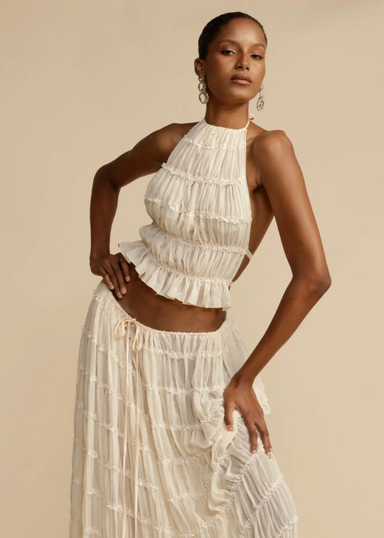 Kvinders Sommer Sæt Hvid Halterneck Chiffon Elegant-1