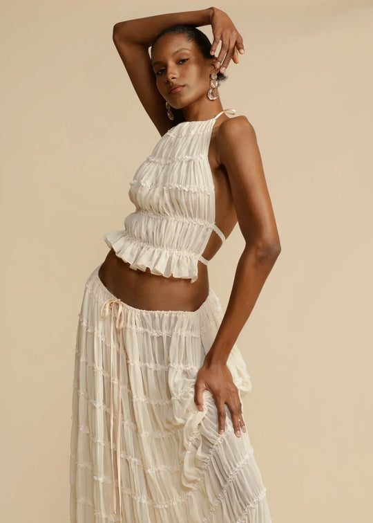 Kvinders Sommer Sæt Hvid Halterneck Chiffon Elegant-5