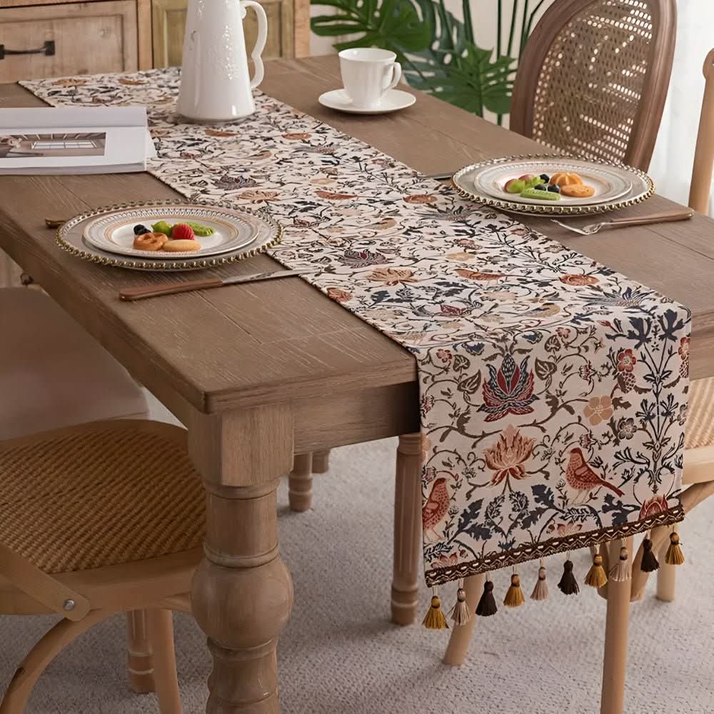 Bordløber Med Blomster- Og Fuglemotiv Til Hjemmet Rustik Stil 0