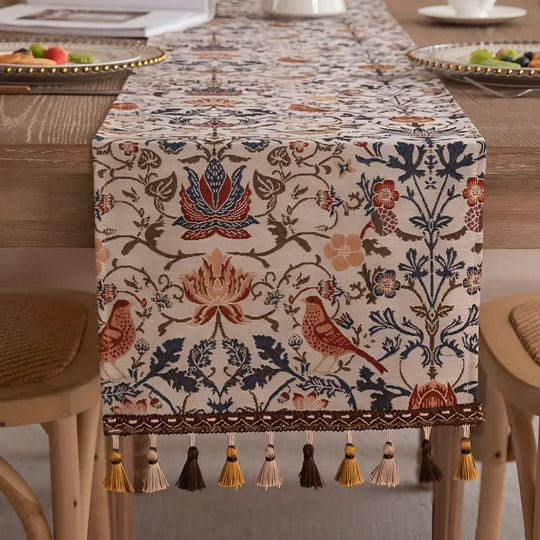 Bordløber Med Blomster- Og Fuglemotiv Til Hjemmet Rustik Stil 1