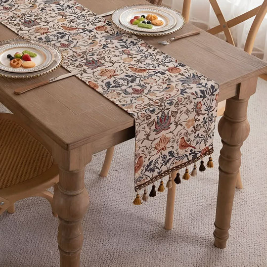 Bordløber Med Blomster- Og Fuglemotiv Til Hjemmet Rustik Stil 2