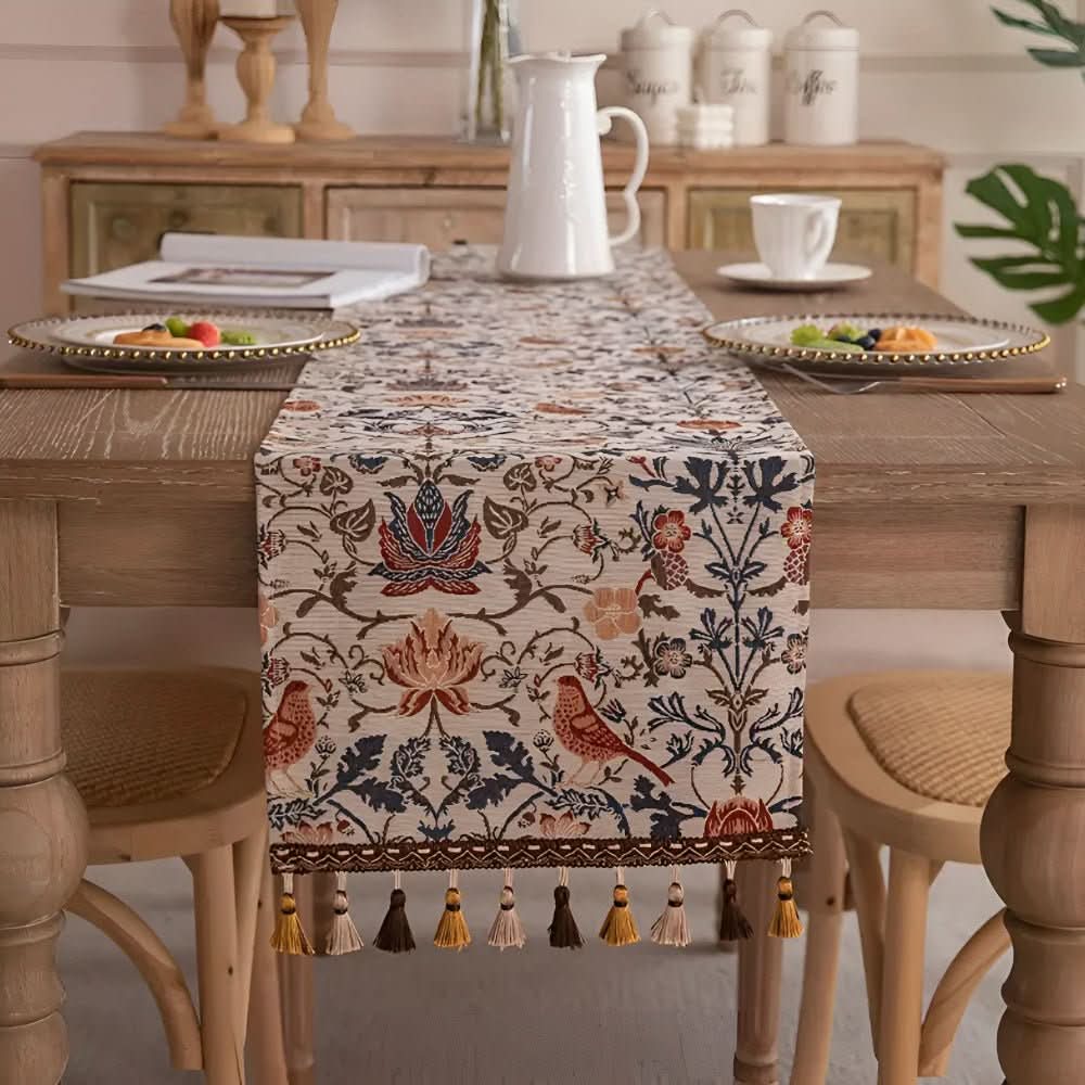 Bordløber Med Blomster- Og Fuglemotiv Til Hjemmet Rustik Stil 3