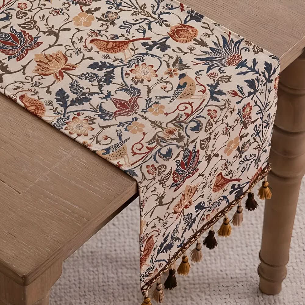 Bordløber Med Blomster- Og Fuglemotiv Til Hjemmet Rustik Stil 4