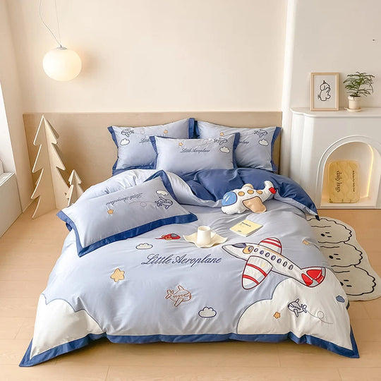 Børns Sengetøjssæt Med Broderet Flymotiv Fantasifuld Design 0