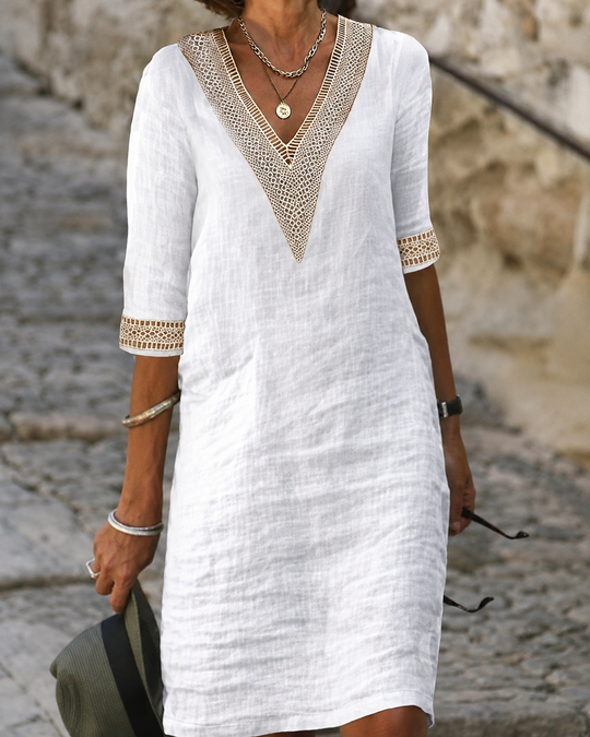 Kvinders Casual Kjole V-Hals Blonder Trim Afslappet Fit 3/4 Ærme