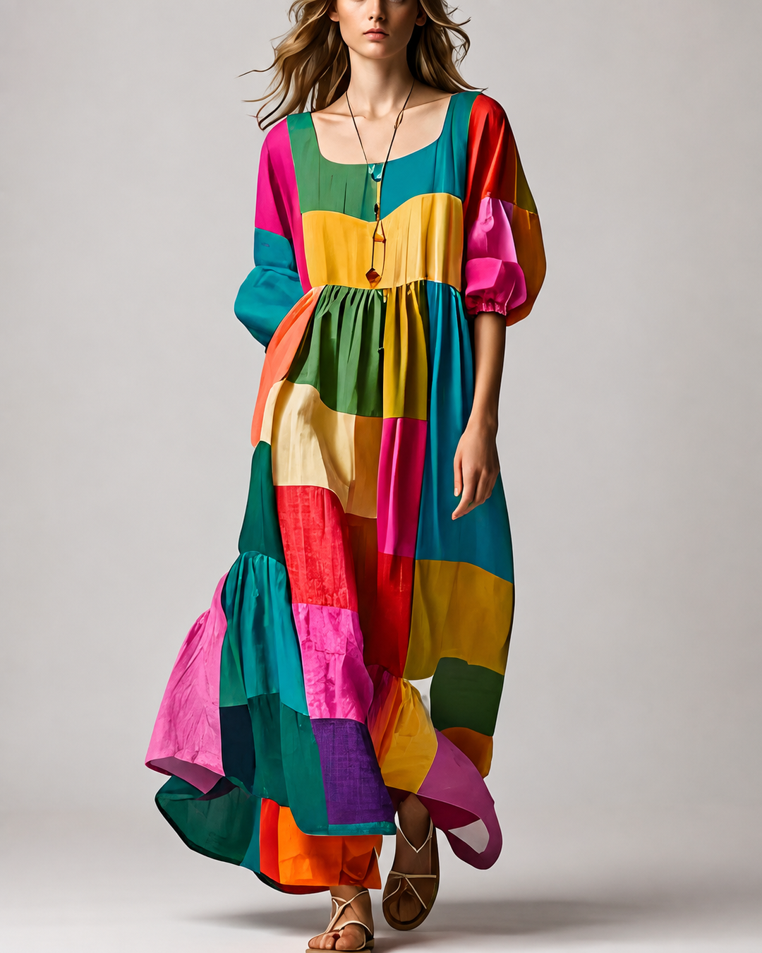 Kvinders Colorblock Puff Sleeve Kjole