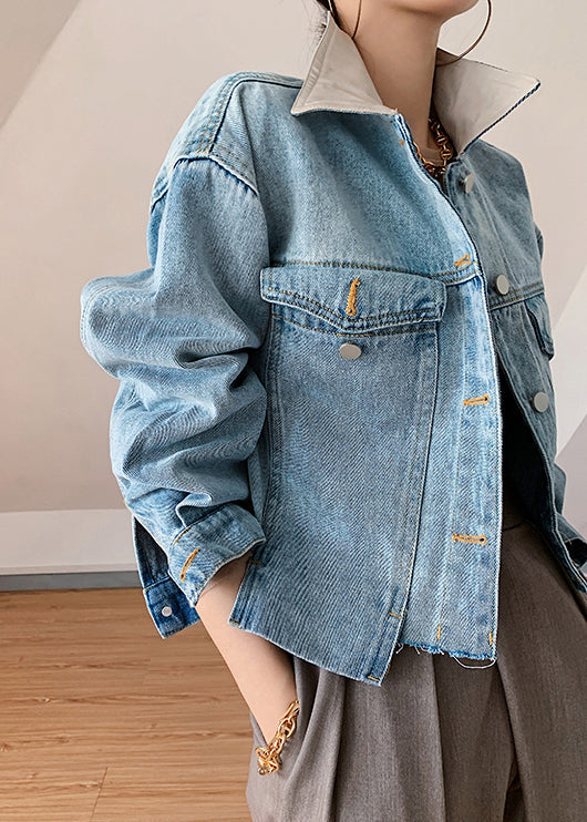 Dame Denimfrakke med Knaplommer og Patchwork 1