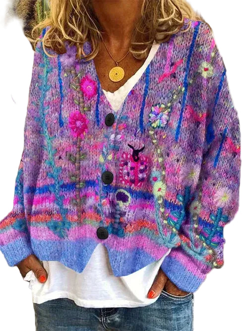Dame Oversized Strik Cardigan Chunky Med Dristigt Mønster 0