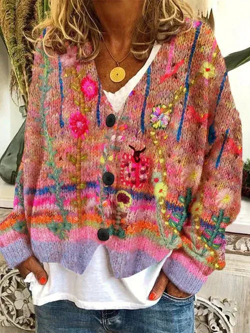 Dame Oversized Strik Cardigan Chunky Med Dristigt Mønster 1