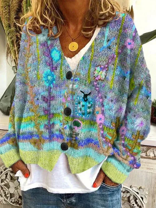 Dame Oversized Strik Cardigan Chunky Med Dristigt Mønster 2