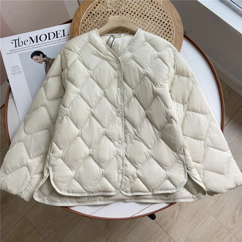 Dame Puffer Jakke Kraveløs Casual Løs Design 0