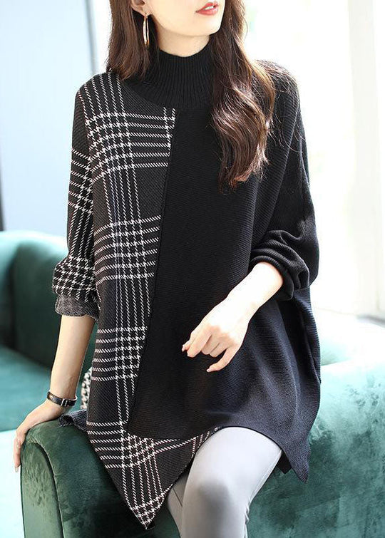 Dame Striktrøje Asymmetrisk Patchwork Plaid Design 1