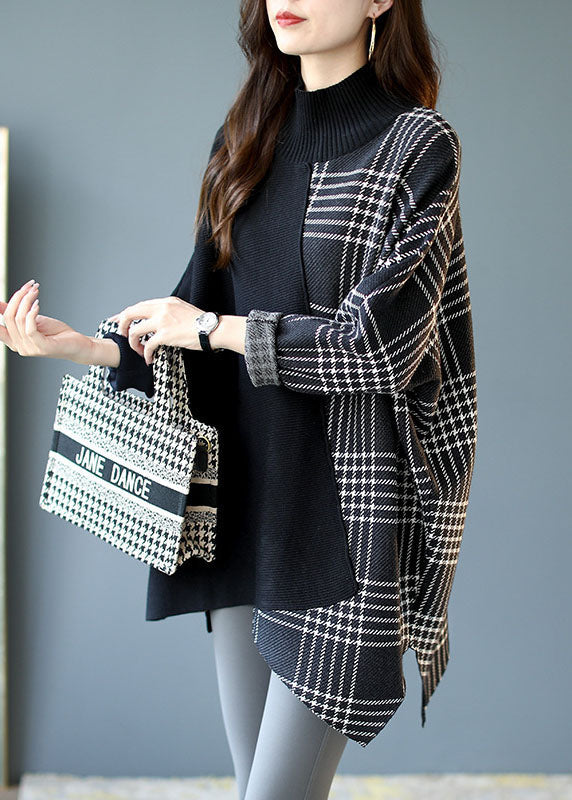 Dame Striktrøje Asymmetrisk Patchwork Plaid Design 2