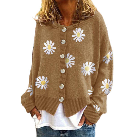 Dame Striktrøje med Blomstermønster og Knaplukning 0