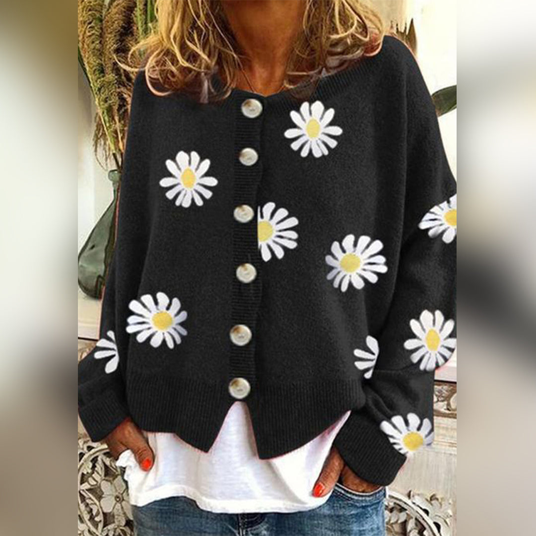 Dame Striktrøje med Blomstermønster og Knaplukning 2