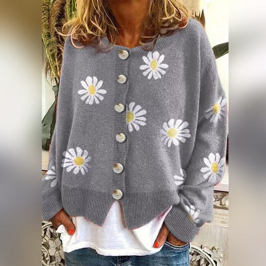 Dame Striktrøje med Blomstermønster og Knaplukning 4