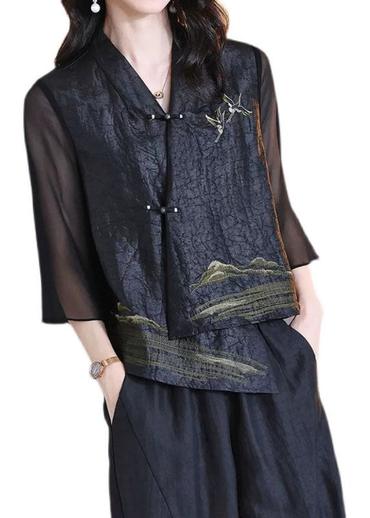 Dame V-hals Patchwork Frakke med Kinesisk Knap 4