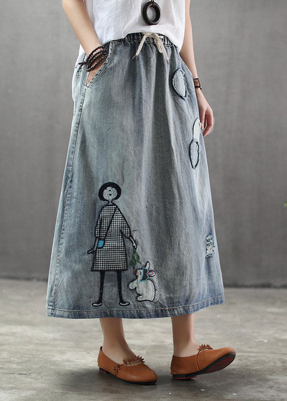 Damer Casual Denim Nederdel med Elastisk Talje og Broderi 2