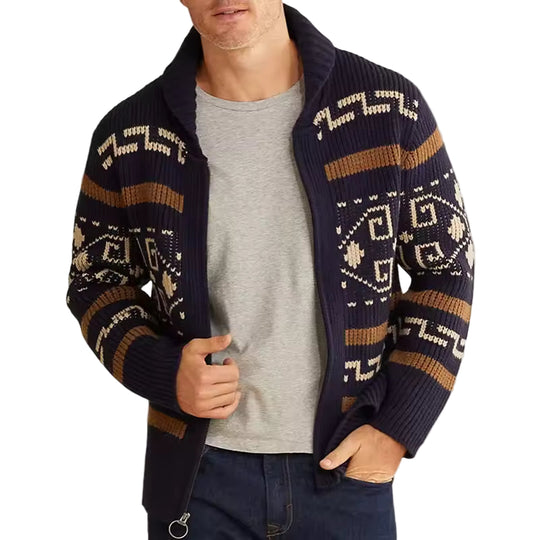 Herre Cardigan i Uldblanding med Lynlås og Mønstret Design 0