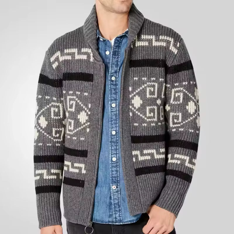 Herre Cardigan i Uldblanding med Lynlås og Mønstret Design 1