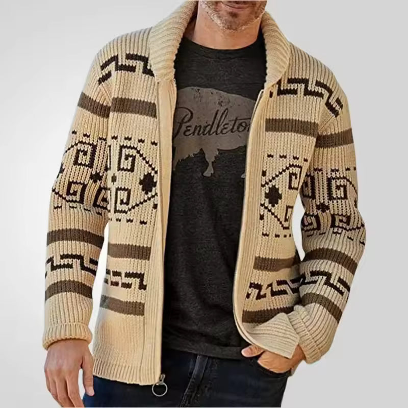 Herre Cardigan i Uldblanding med Lynlås og Mønstret Design 2