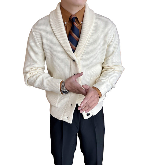 Herre Cardigan med Skjortekrave – Ribbet Strik – Knappelukning 0
