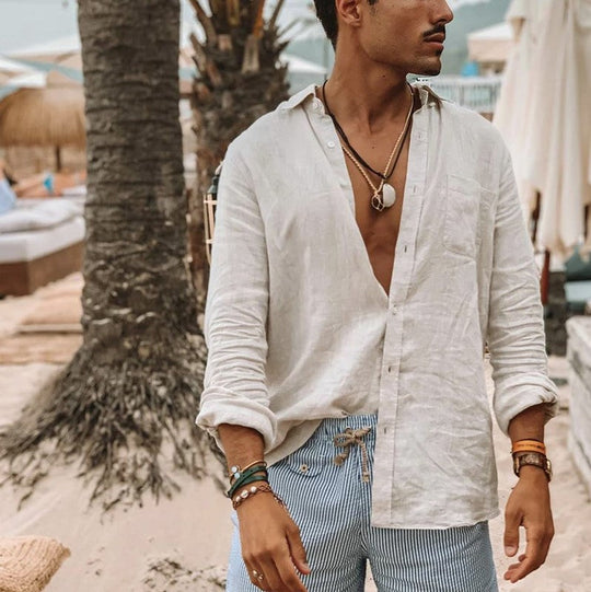 Herre Langærmet Skjorte Button-Up Linned 3