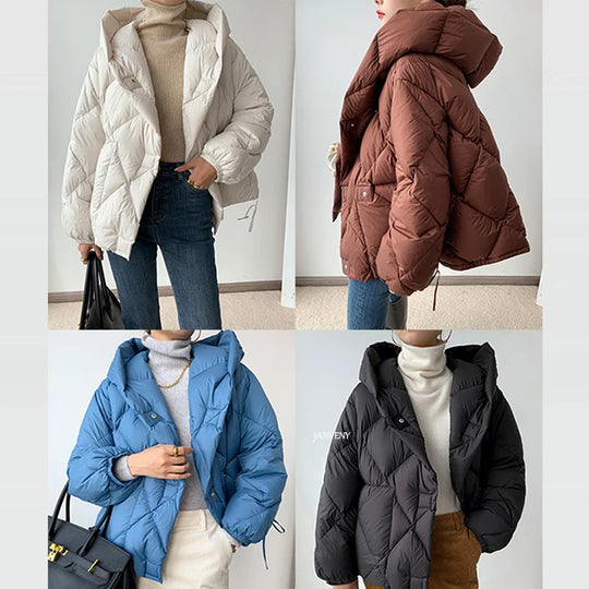 Kort Dunjakke Dame med Hætte - Vinterjakke i Puffer Stil 5
