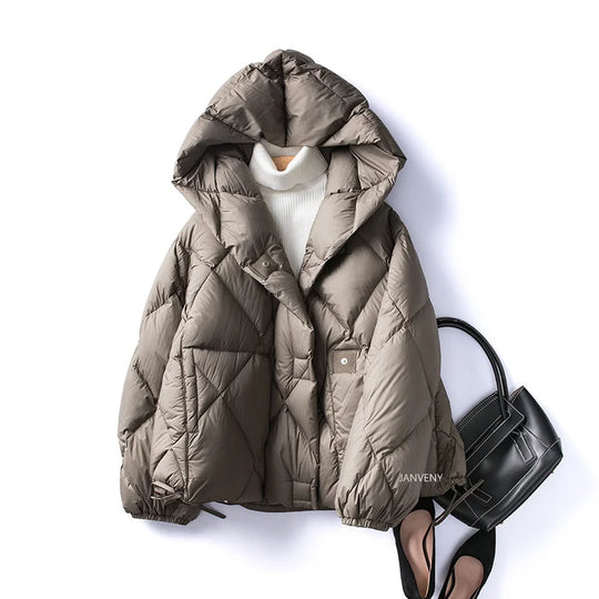 Kort Dunjakke Dame med Hætte - Vinterjakke i Puffer Stil 6