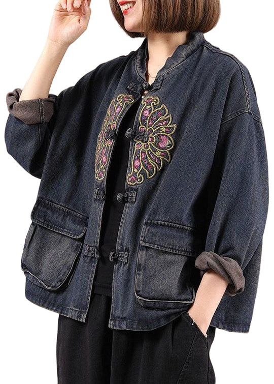 Kvinders Boho Denim Jakke med Broderede Lommer 0