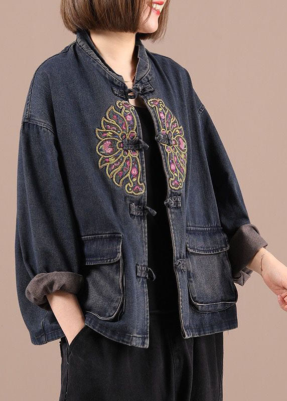 Kvinders Boho Denim Jakke med Broderede Lommer 1