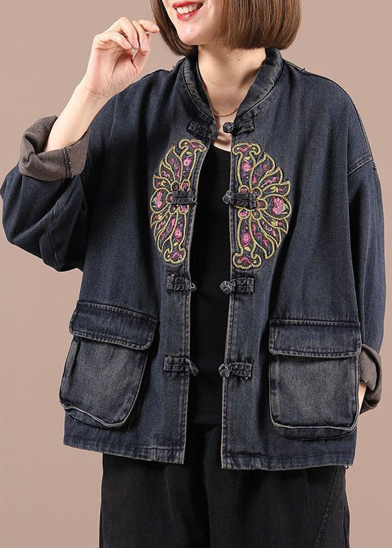 Kvinders Boho Denim Jakke med Broderede Lommer 2