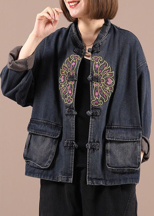 Kvinders Boho Denim Jakke med Broderede Lommer 2