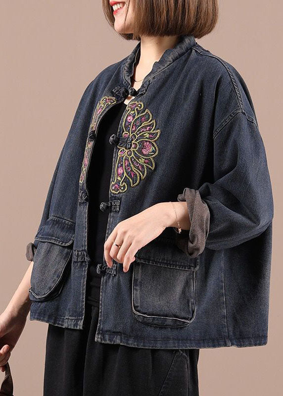 Kvinders Boho Denim Jakke med Broderede Lommer 3