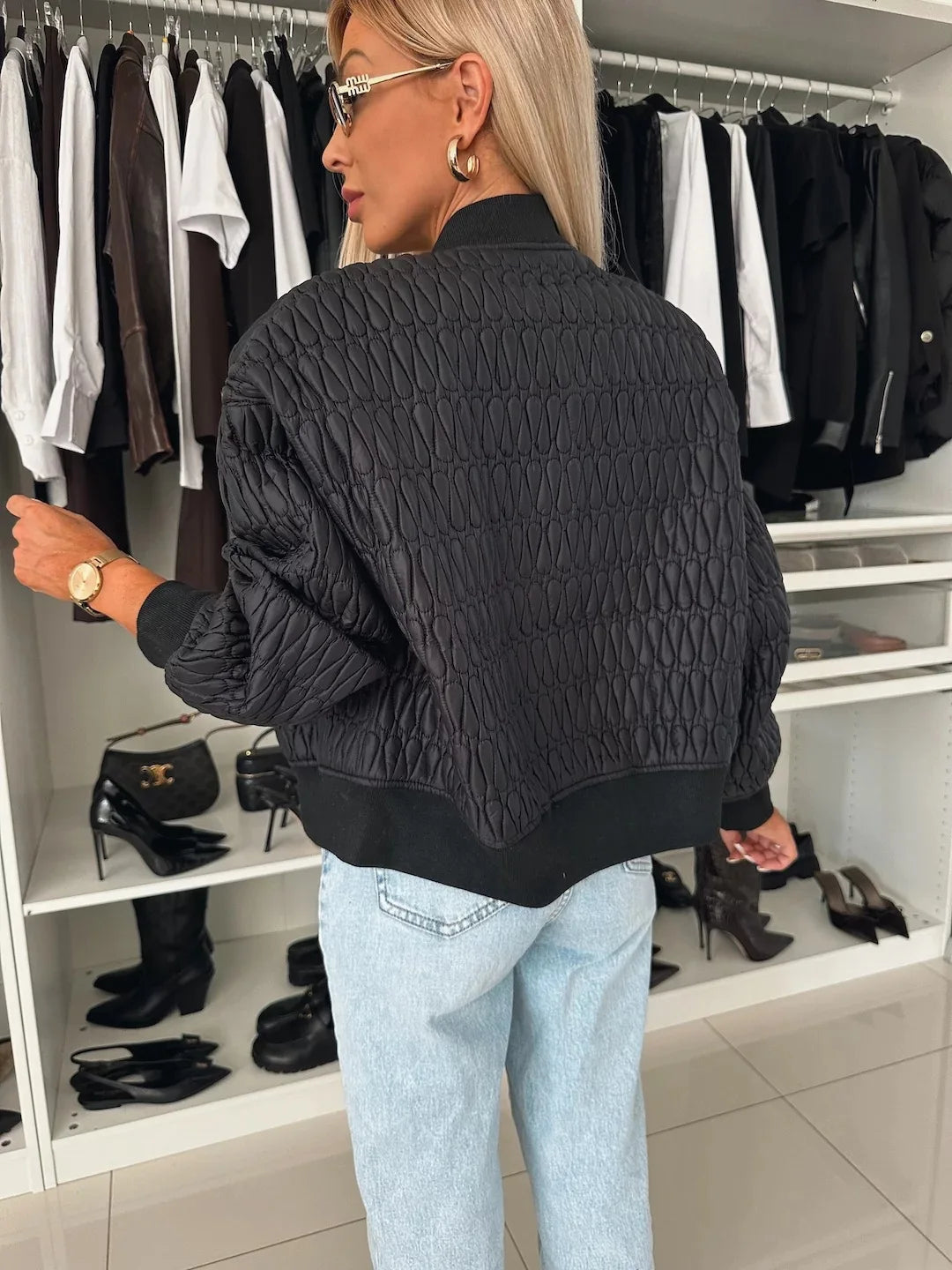 Kvinders Bomberjakke Quilted Lynlås Ribbet Kant 7