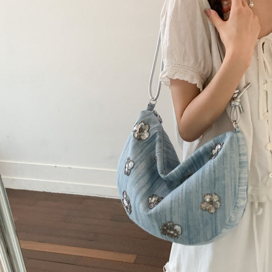 Kvinders Denim Håndtaske Med Blomsterdetaljer 1