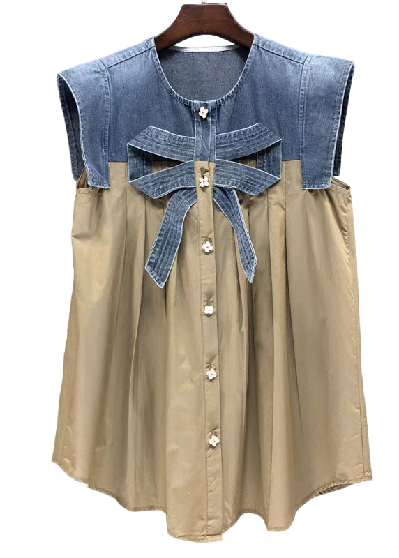 Kvinders Denim Top med Sløjfe og Patchwork 0