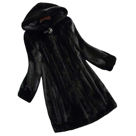 Kvinders Faux Fur Frakke - Skræddersyet Pasform - Knælængde - Hætte med Knaplukning 0