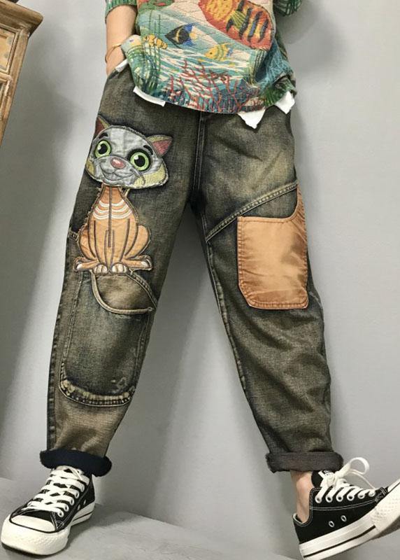 Kvinders Harem Jeans med Kat Broderi 2
