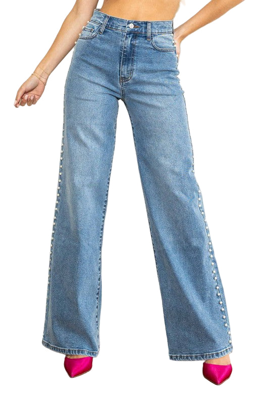 Kvinders Høj Talje Bred Ben Jeans i Medium Stone 0