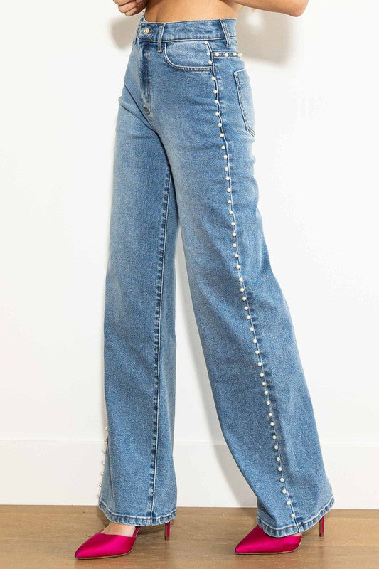 Kvinders Høj Talje Bred Ben Jeans i Medium Stone 1