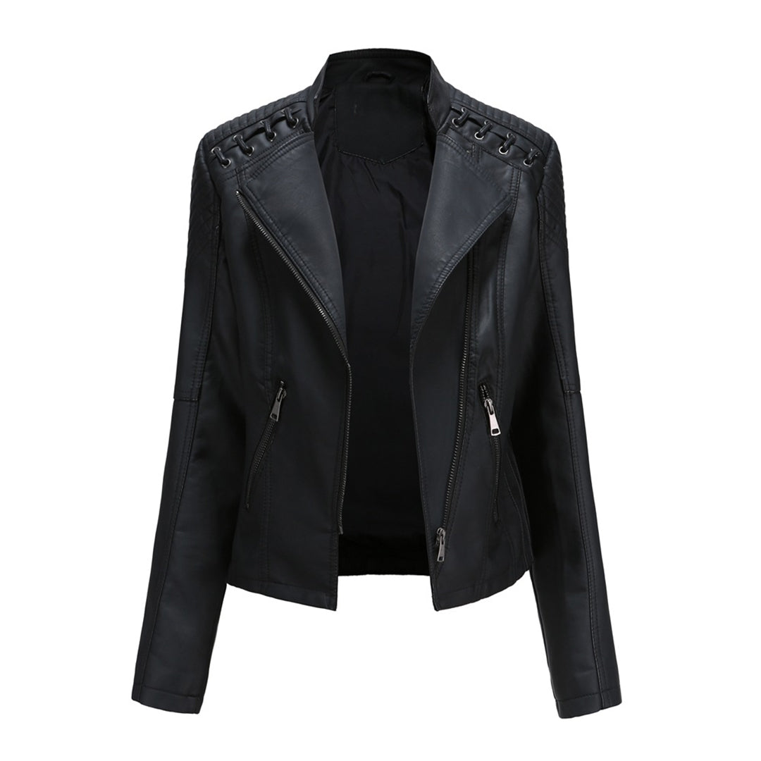 Kvinders Læderjakke med Stand-up Krave 0