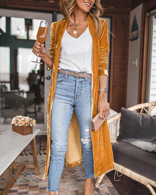 Kvinders Lang Duster Cardigan i Fløjl 1