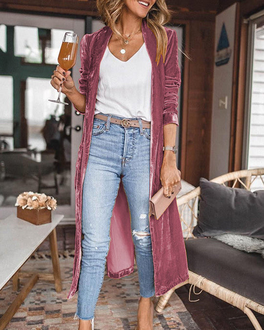 Kvinders Lang Duster Cardigan i Fløjl 5