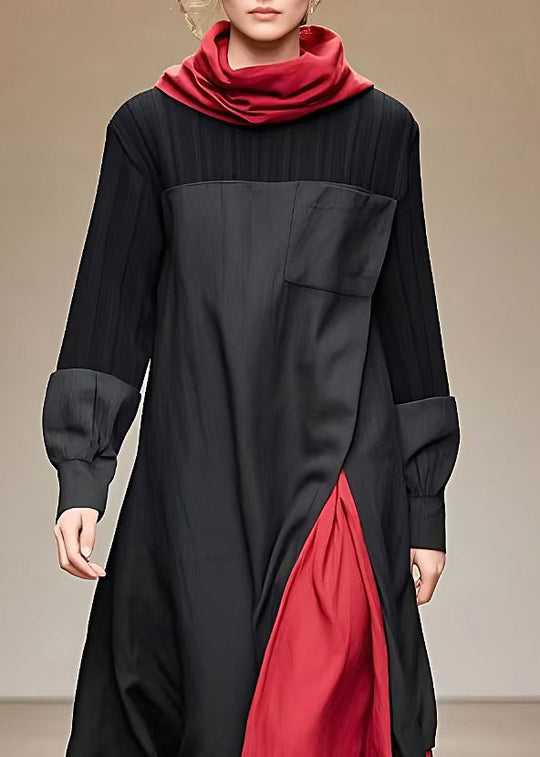 Kvinders Lang Kjole med Rullekrave og Patchwork Design 2