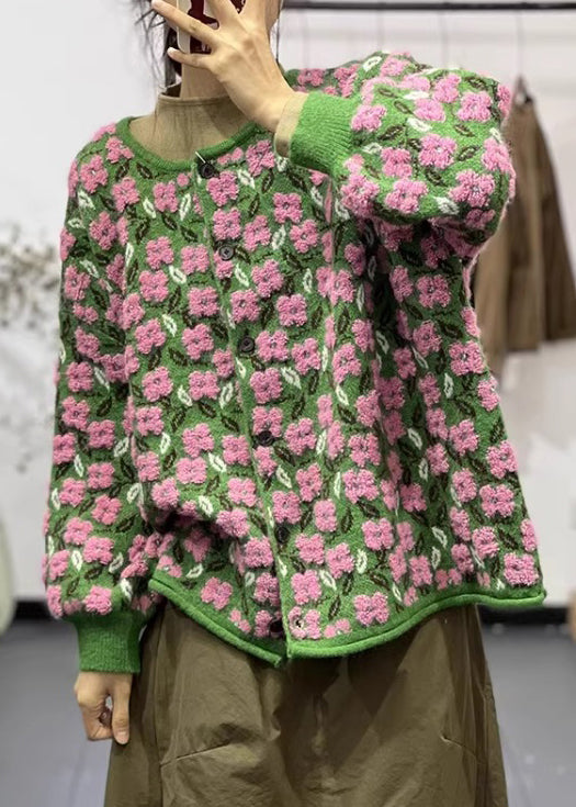 Kvinders Langærmet Blomstret O-hals Strik Frakke 1
