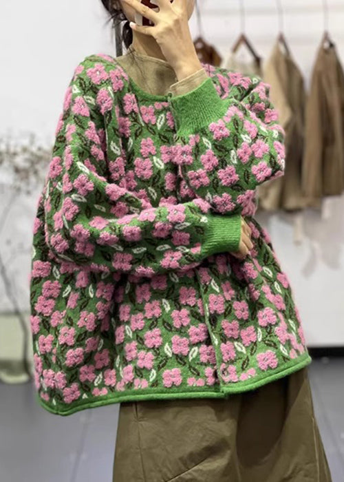 Kvinders Langærmet Blomstret O-hals Strik Frakke 3